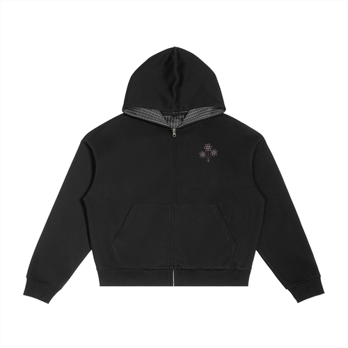 Contrast Plaid Boxy Zip Hoodie
