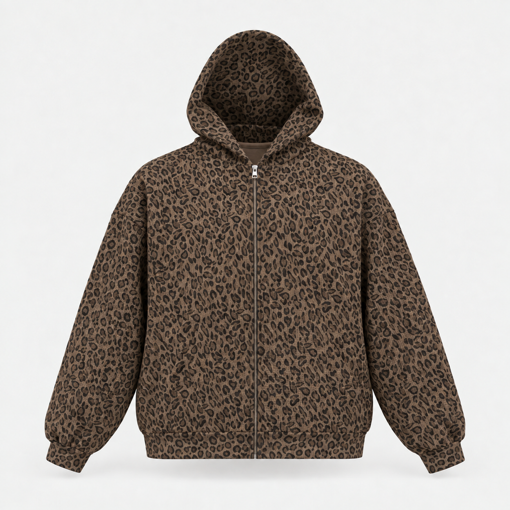 Leopard Print Waffle Full Zip Hoodie
