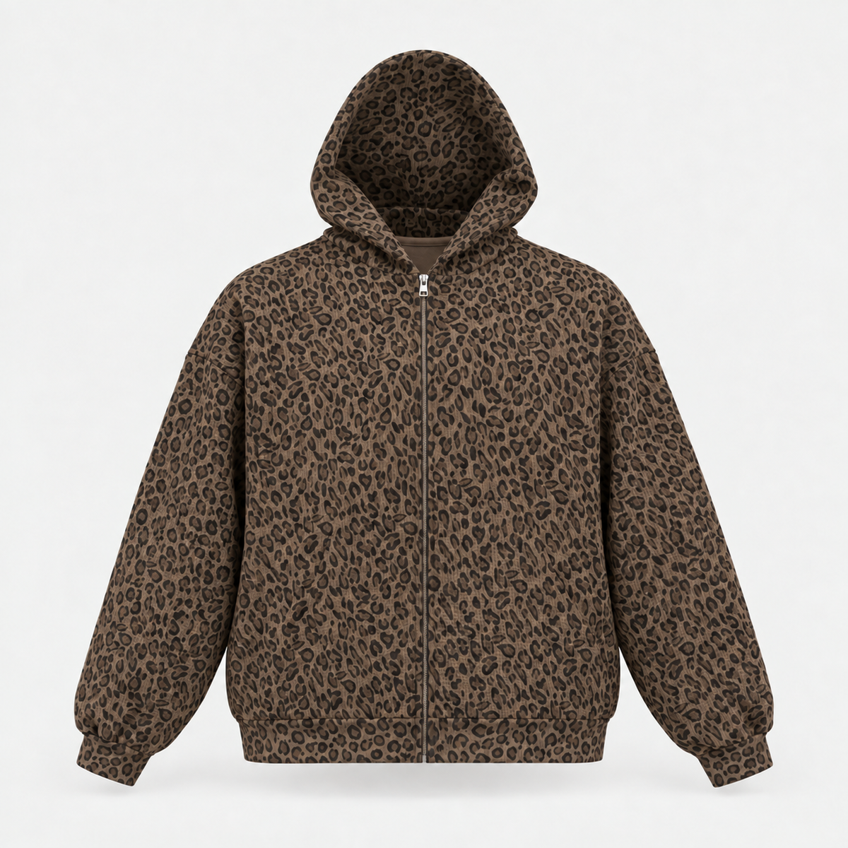 Leopard Print Waffle Full Zip Hoodie