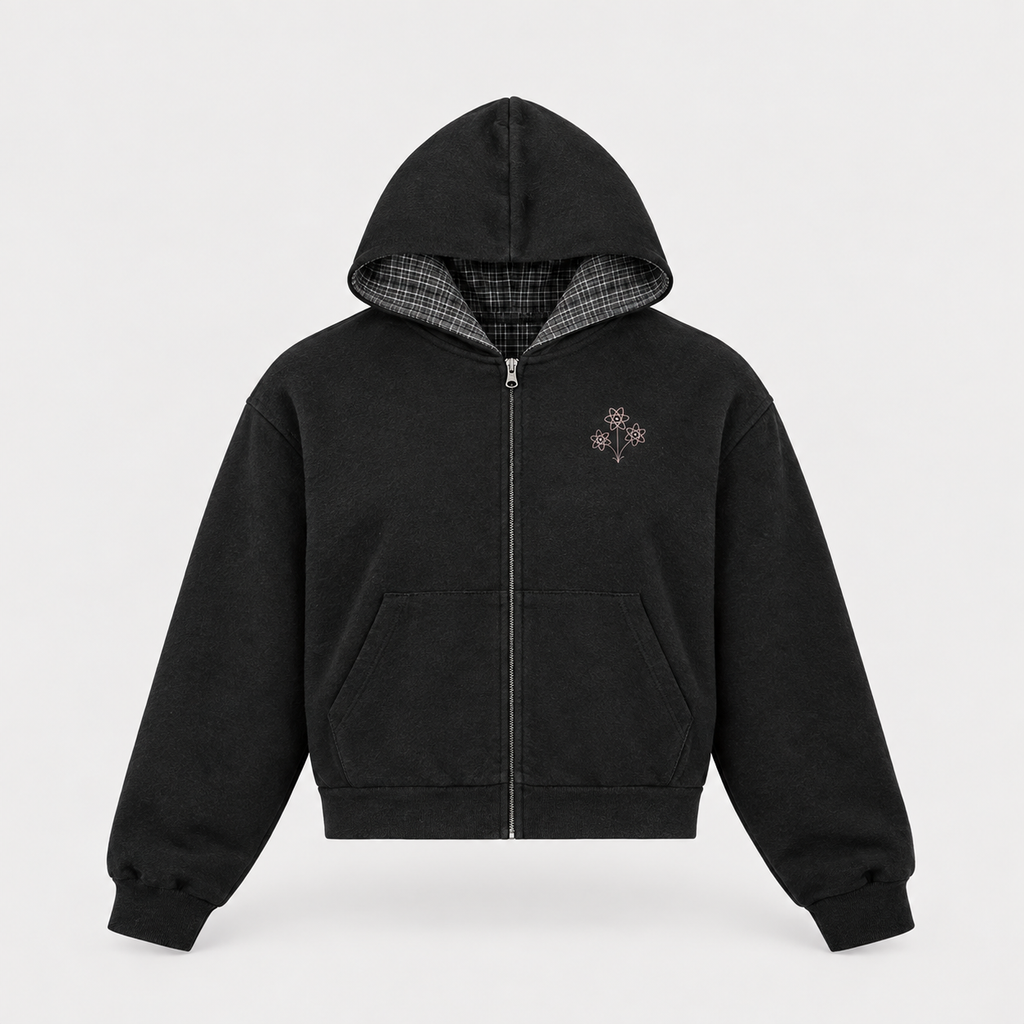 Contrast Plaid Boxy Zip Hoodie