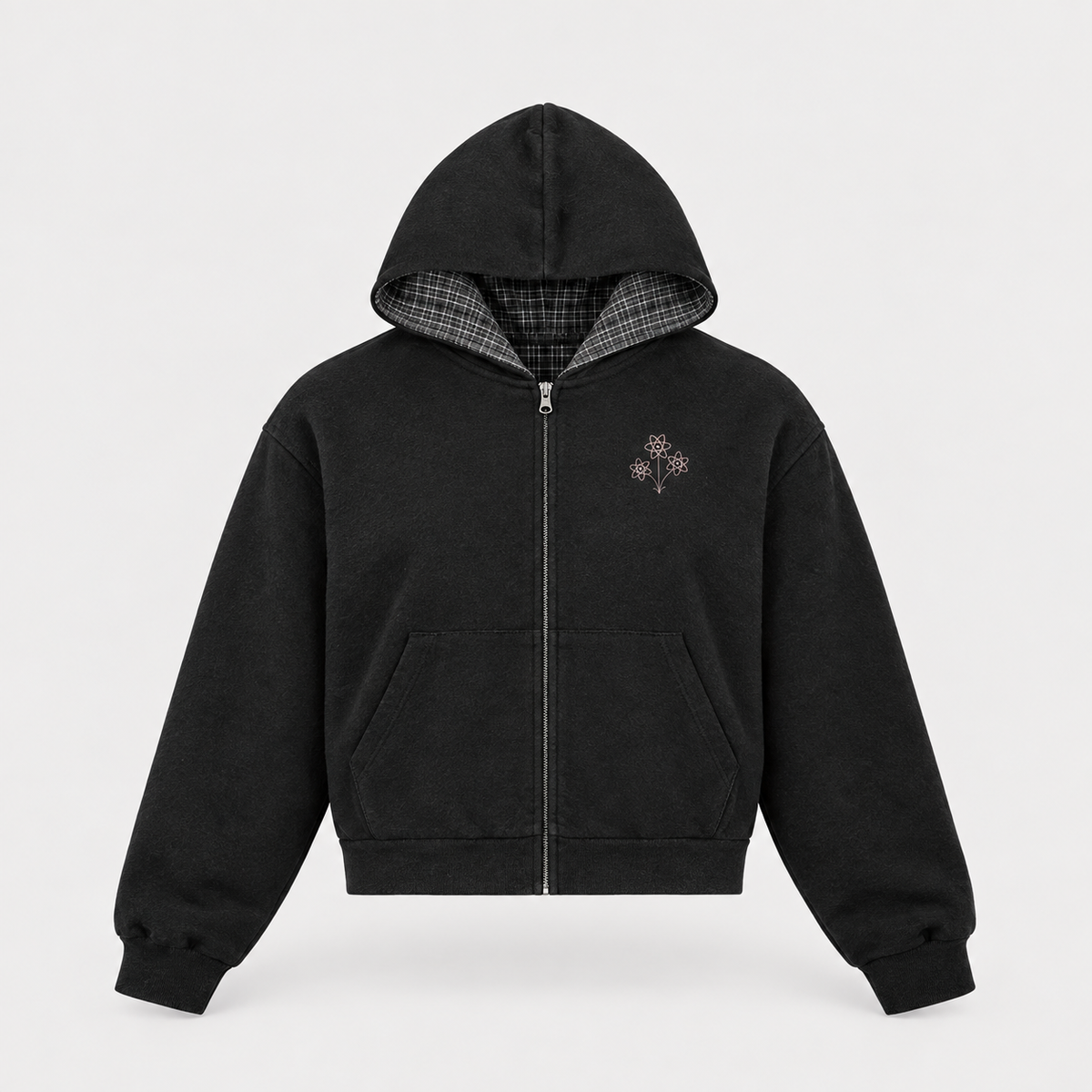 Contrast Plaid Boxy Zip Hoodie